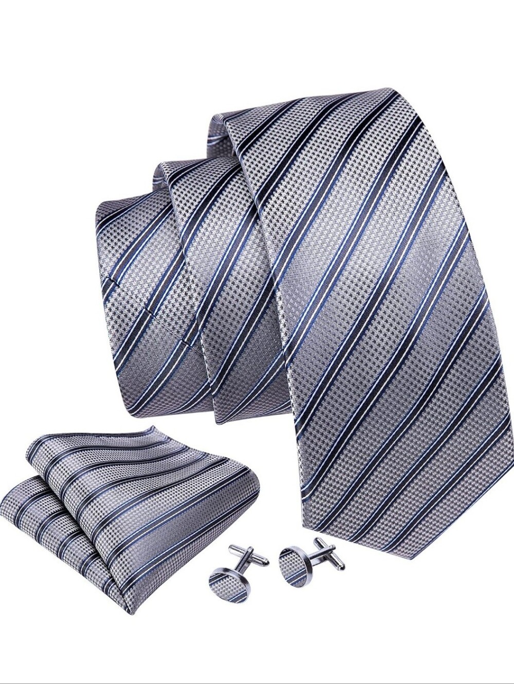 Silk Tie Set Gray Blue White Stripe Necktie Pocket Square Cufflinks